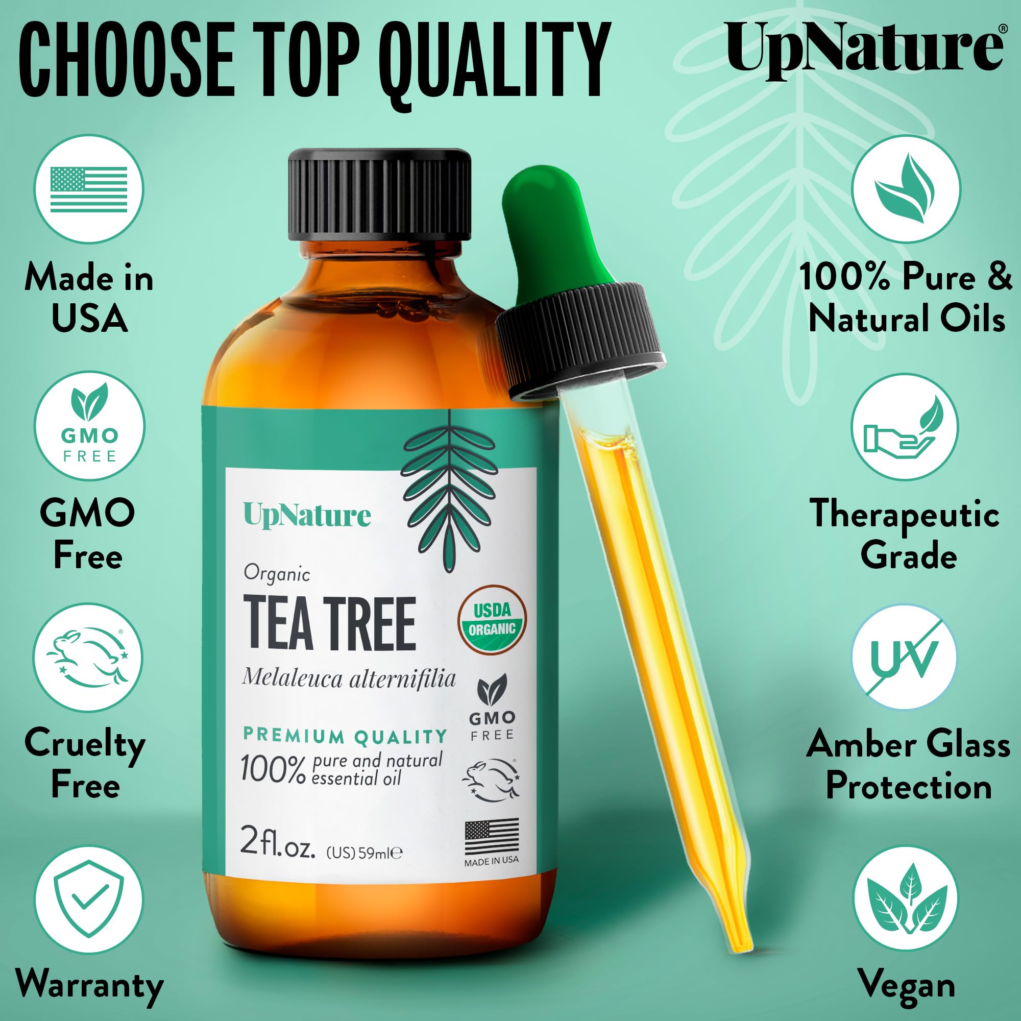 USDA Certified Organic Tea Tree Essential Oil 2oz   100% Natural & Pure Tea Tree Oil for Skin Care, Hair Growth Serum & Healthy Toenail - Premium Quality Aromatherapy Oil for Hair Skin and Nails
