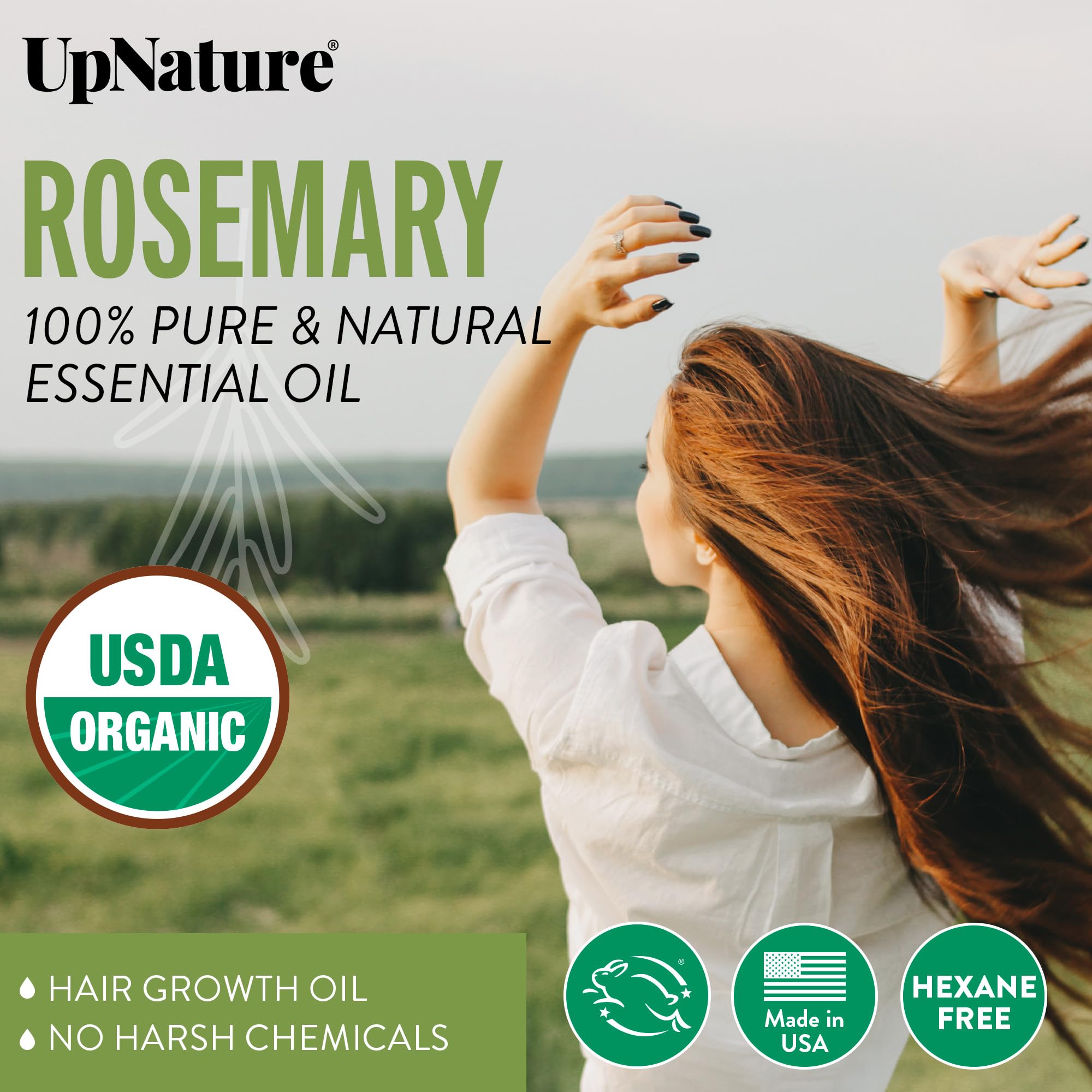 UpNature Organic Rosemary Essential Oil   USDA Certified Organic, 100% Pure Rosemary Oil for Hair Growth, Nourishing Scalp Strengthening Hair Oil - Stimulates Healthy Hair Growth, Skin & Nails, 2oz