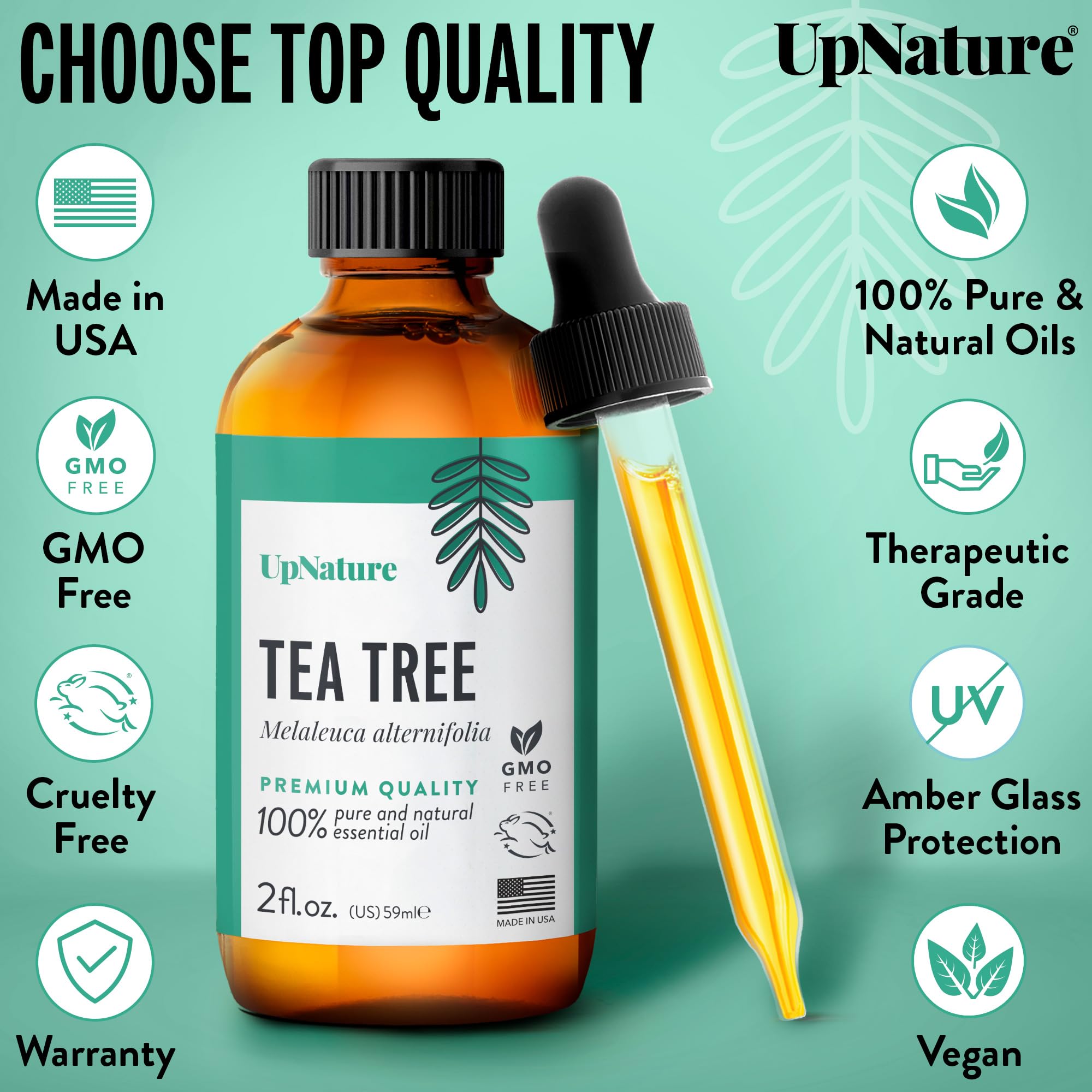 UpNature Tea Tree Essential Oil - 100% Natural & Pure, Undiluted, Premium Quality Aromatherapy Oil Tea Tree Essential Oil for Skin Care, Hair Growth Serum & Healthy Toenail, 2oz