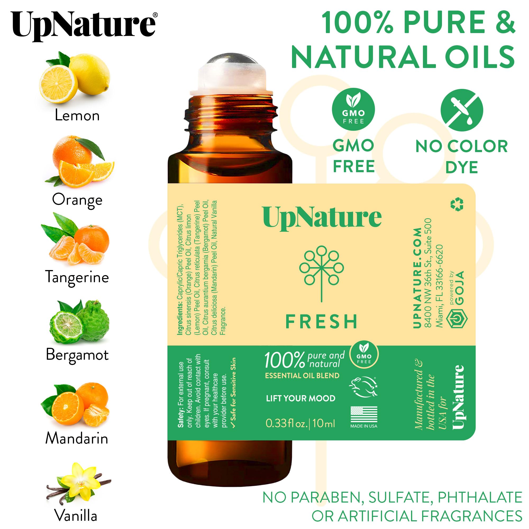 UpNature Fresh Citrus Essential Oil Roll On - 0.33 Fluid Ounces - Boost Energy, Improve Focus, Calm Mood, Promote Healthy Skin, Safety Precautions