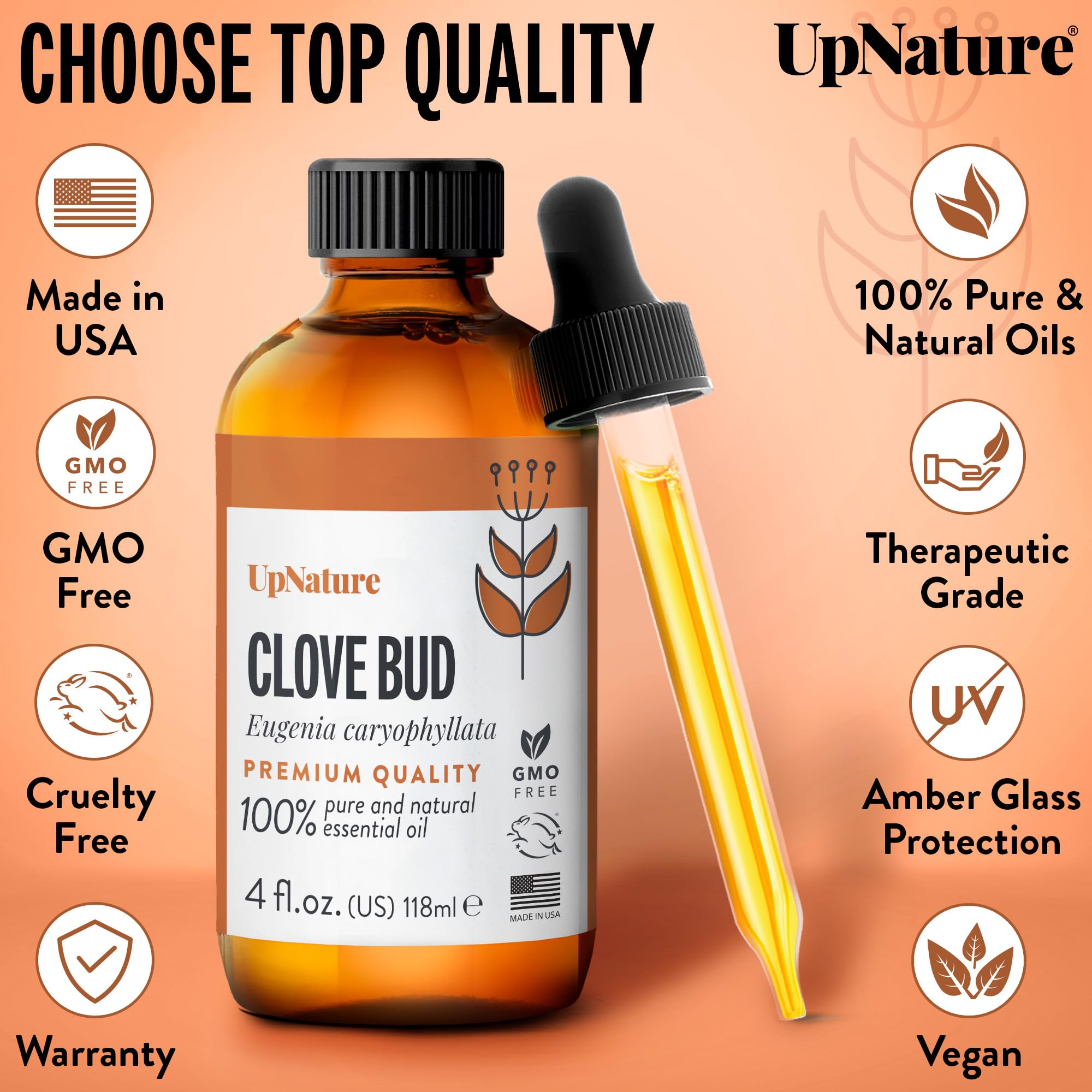 UpNature Clove Essential Oil - 100% Natural & Pure, Undiluted, Premium Quality Aromatherapy Oil Relief & Promotes Healthy Gums, Clove Oil for Tooth Aches, Soothe Headaches, 4oz