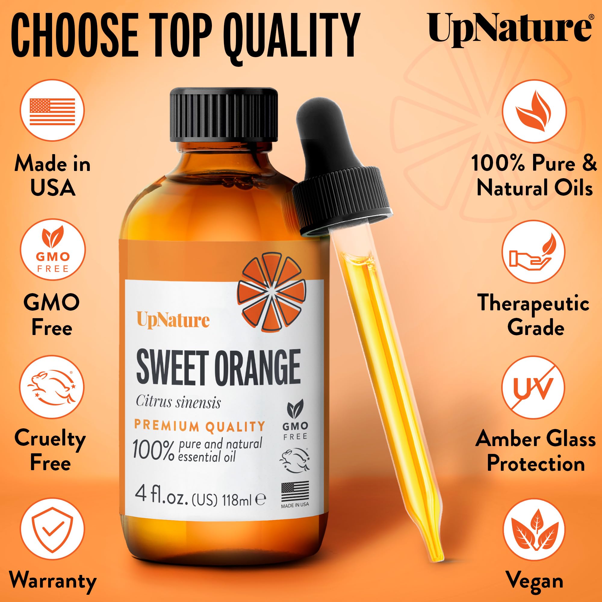 UpNature Orange Essential Oil - 100% Natural & Pure, Undiluted, Premium Quality Aromatherapy Oil - Sweet Orange Oil for Skin, Mood Boosting and Calming, 4oz