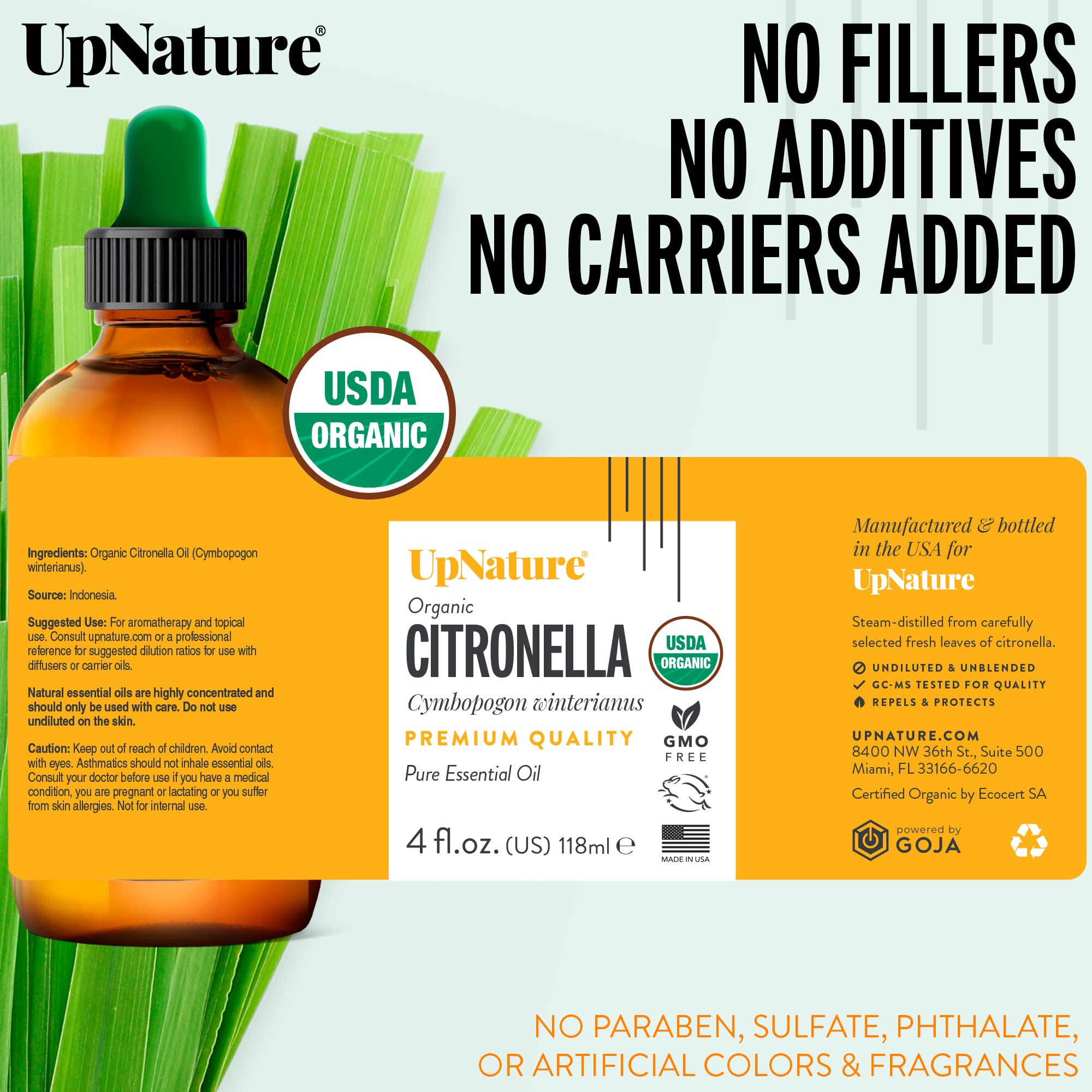 Organic Citronella Essential Oil Huge 4 OZ   USDA Certified Organic, Pure Citronella Oil, Therapeutic Grade, Undiluted, Non-GMO   Mood Boost, Aromatherapy with Dropper